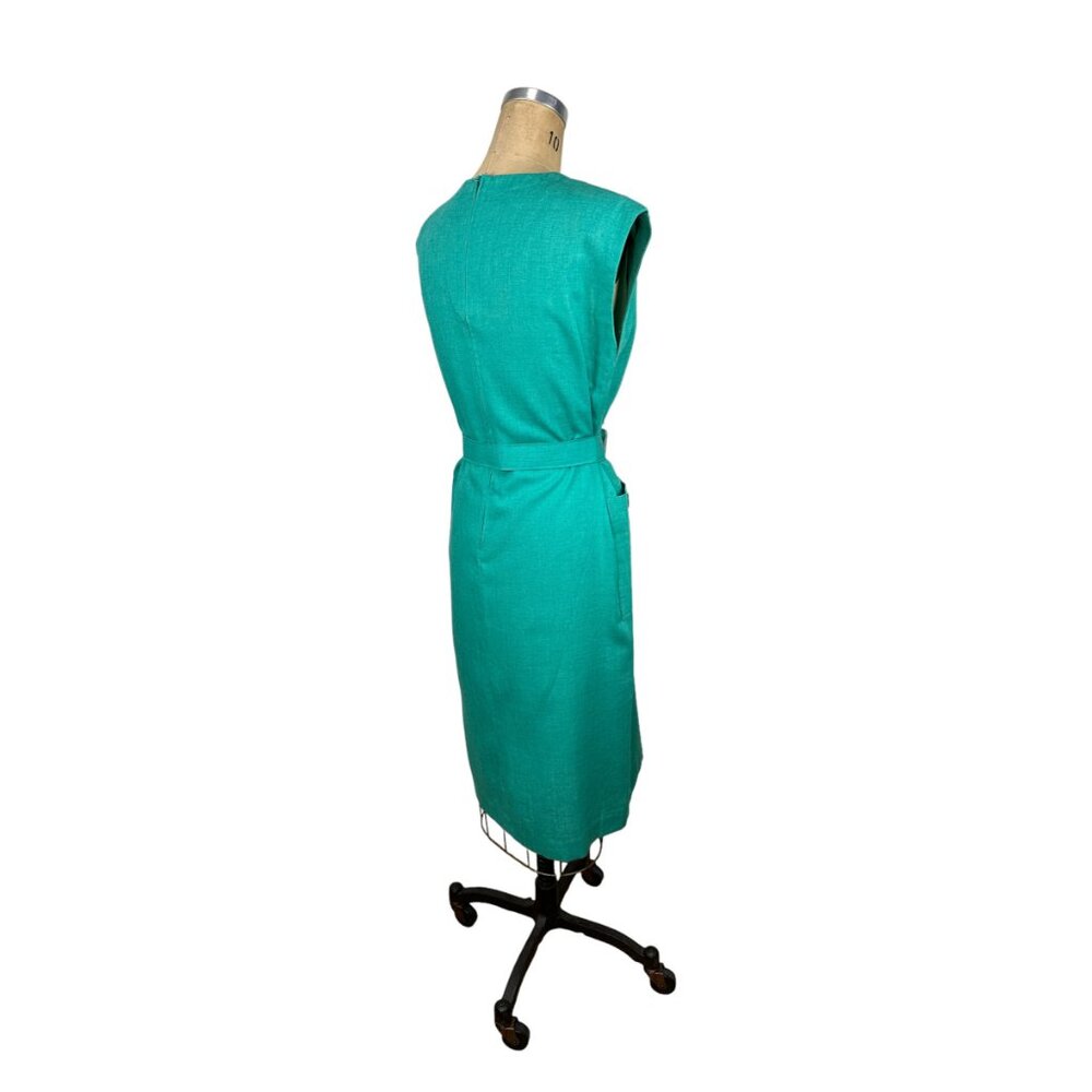 1980s green linen dress with shoulder buttons and pockets by Leslie Fay Size M/L - Picture 3 of 8